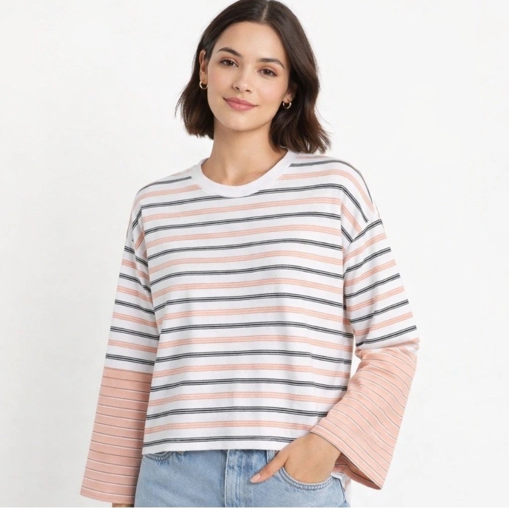Madewell Easy Crewneck Long Sleeve Tee Medium Pale Blush Striped NEW NU767